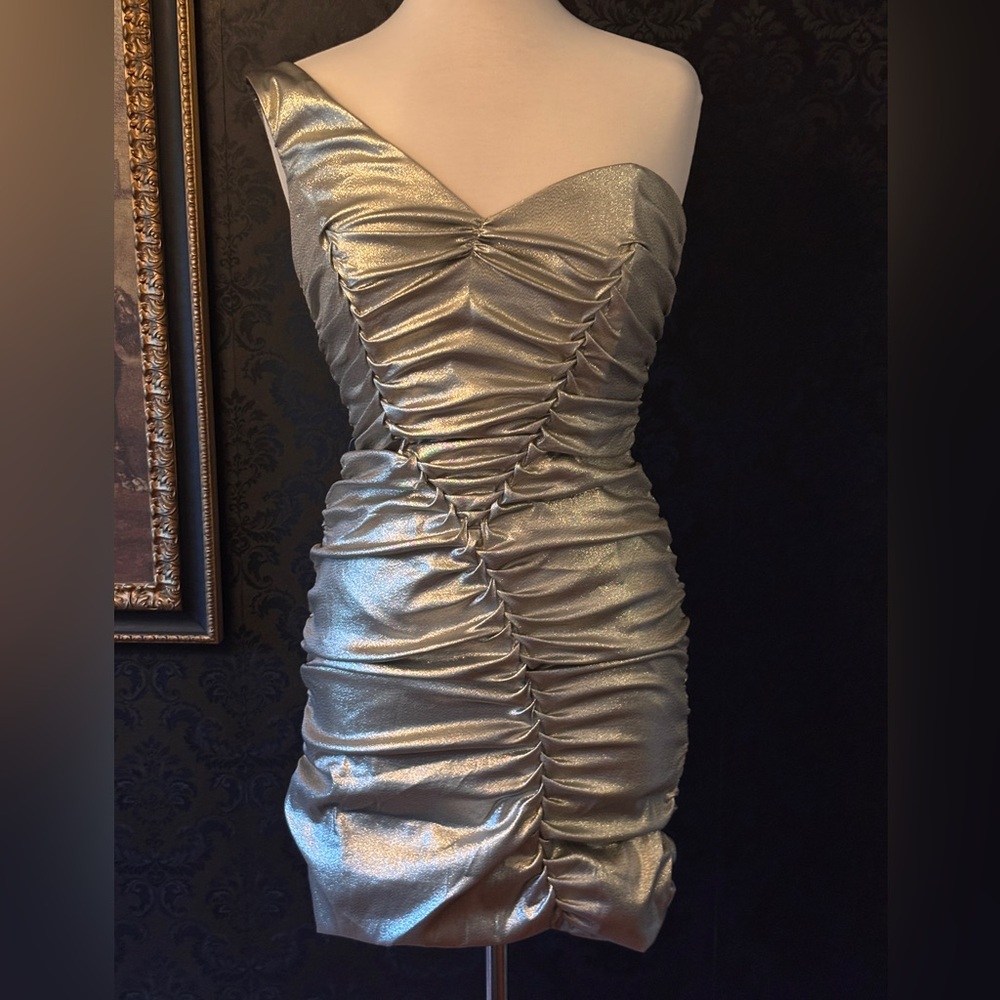 Nicole Miller Silver Ruched one shoulder Dress